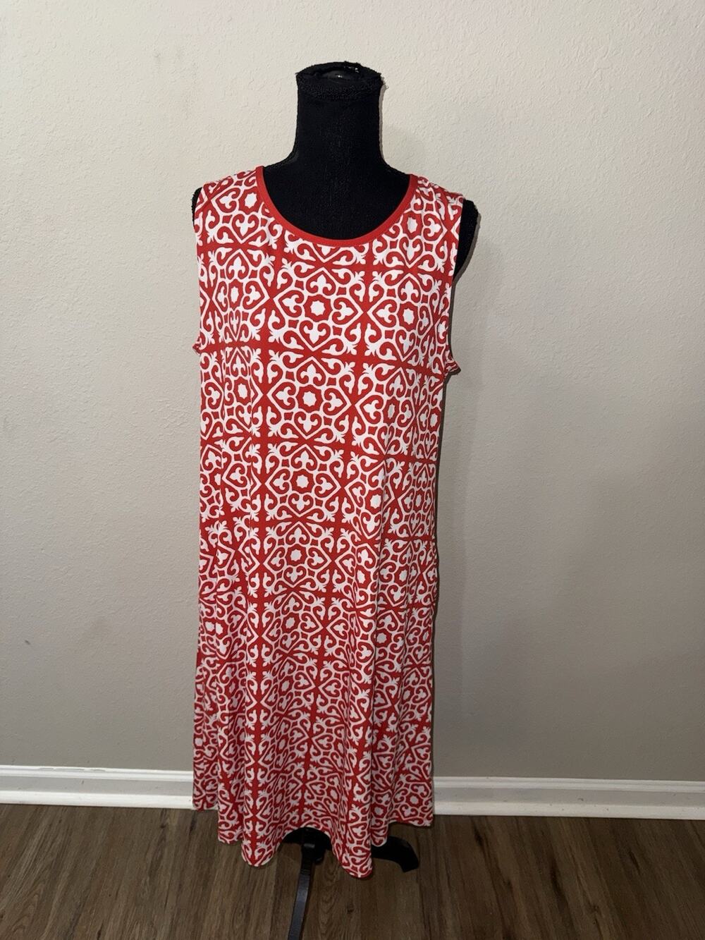 Susan Graver Large Red White Geometric Liquid Knit Sleeveless Maxi Dress Tie